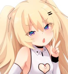 Rule 34 | 1girl, azur lane, bache (azur lane), bache (showy sports star) (azur lane), blonde hair, blush, breasts, chiji komari, clothing cutout, collared dress, detached sleeves, dress, fang, hair between eyes, hair ornament, hairclip, hand up, heart cutout, jewelry, long hair, long sleeves, looking at viewer, open mouth, purple eyes, ring, simple background, sleeveless, sleeveless dress, small breasts, solo, two side up, upper body, v, white background, white dress, white sleeves