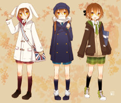 Rule 34 | 1boy, akane (goma), animal ears, argyle, argyle clothes, argyle legwear, bag, blush, brown hair, casual, coat, fake animal ears, goma (11zihisin), hair ribbon, hat, highres, hood, hoodie, jacket, loafers, male focus, necktie, open clothes, open mouth, open shirt, orange eyes, original, plaid, ponytail, rabbit ears, ribbon, scarf, shirt, shoes, shorts, simple background, sleeves past wrists, smile, sneakers, socks, solo, sweater, trap, vest