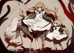 Rule 34 | 3girls, ahoge, animal ears, apron, black dress, blood, blood in hair, blood on clothes, blood on feet, brown dress, brown hair, child, closed mouth, commentary request, commission, dot nose, dress, floppy ears, green hair, hands up, highres, large ears, long hair, long sleeves, multiple girls, neck ribbon, open mouth, original, outstretched arms, rabbit ears, red dress, red eyes, red ribbon, ribbon, sample watermark, shirokujira, skeb commission, skirt hold, smile, standing, tentacle hair, tentacles, very long hair, watermark, white apron, white hair