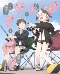 Rule 34 | 1boy, 1girl, bikini, black bikini, black hair, black jacket, black wings, blue archive, blush, closed eyes, day, fishing rod, floral print, halo, head wings, highres, holding, holding fishing rod, id card, jacket, koharu (blue archive), koharu (swimsuit) (blue archive), lanyard, long hair, official alternate costume, open clothes, open jacket, open mouth, outdoors, pink hair, pink halo, print bikini, sandals, sensei (blue archive), short hair, sitting, speech bubble, swimsuit, translation request, twintails, wings, yukie (kusaka shi)