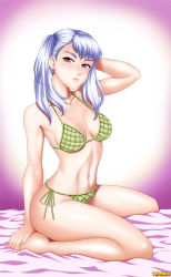 Rule 34 | 1girl, bed, bikini, black clover, breasts, female focus, hand on own head, highres, legs, looking at viewer, medium breasts, noelle silva, pink eyes, purple background, silver hair, simple background, sitting, solo, swimsuit, tenzen, toned, twintails, white background