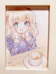 Rule 34 | 1girl, :d, blonde hair, blue dress, blush, chitosezaka suzu, collared dress, commentary request, cup, dated, dress, green eyes, hands on own face, hands up, juliet sleeves, latte art, long hair, long sleeves, open mouth, original, photo (medium), picture frame, plaid, plaid dress, puffy sleeves, saucer, signature, smile, solo, traditional media, upper body