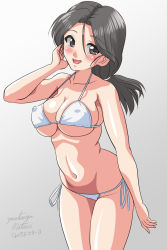 Rule 34 | 1girl, artist name, bikini, breasts, cleavage, commentary, covered erect nipples, cowboy shot, dated, freckles, girls und panzer, gradient background, grey background, grey eyes, grey hair, hair tie, hand in own hair, head tilt, large breasts, leaning forward, long hair, looking at viewer, matsui yasutsugu, navel, one-hour drawing challenge, open mouth, piyotan (girls und panzer), ponytail, side-tie bikini bottom, signature, skindentation, smile, solo, standing, swimsuit, white bikini