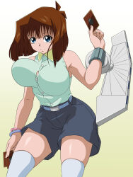Rule 34 | 1girl, absurdres, artist request, bare shoulders, belt, blue eyes, bracelet, breasts, brown hair, card, closed mouth, duel disk, female focus, highres, jewelry, large breasts, looking at viewer, mazaki anzu, simple background, smile, solo, standing, thighhighs, thighs, white background, yu-gi-oh!, yu-gi-oh! duel monsters, yu-gi-oh (card)