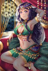 Rule 34 | 1girl, ankle bell, anklet, arabian, arabian clothes, armlet, armpits, barefoot, barefoot sandals (jewelry), bell, bridal gauntlets, circlet, crop top, curly hair, earrings, elisabetlis, full moon, gold, hair ornament, hand in own hair, highres, jewelry, long hair, looking at viewer, love live!, love live! school idol project, love live! sunshine!!, matsuura kanan, middle eastern architecture, miniskirt, moon, necklace, night, night sky, pillow, purple eyes, purple hair, ring, sitting, skirt, sky, smile, veil, window