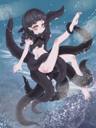 Rule 34 | 1girl, bags under eyes, barefoot, black hair, breasts, domaso (sowdma2), drill hair, feet, female focus, monster girl, original, small breasts, smile, solo, tentacles, toes, underwater, yellow eyes
