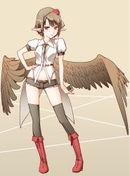 Rule 34 | 1girl, abo (hechouchou), bird wings, black hair, black thighhighs, blouse, boots, camera, cross-laced footwear, female focus, full body, hand on own hip, hat, high heels, holding, lace-up boots, looking at viewer, low wings, pointy ears, red eyes, shameimaru aya, shirt, shoes, short hair, short shorts, short sleeves, shorts, simple background, smile, solo, thighhighs, tokin hat, touhou, wings