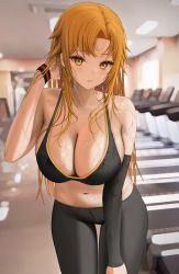 Rule 34 | 1girl, arm warmers, bare shoulders, blurry, breasts, cleavage, commission, depth of field, gym, hand up, highres, large breasts, leggings, long hair, looking at viewer, midriff, myabit, navel, orange eyes, orange hair, original, parted lips, sleeveless, solo, sports bra, stomach, sweat, sweatband, sweatdrop