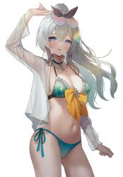 Rule 34 | 1girl, alternate costume, alternate hairstyle, aqua bikini, aqua hair, arm up, bikini, bow, breasts, cleavage, eyewear on head, firefly (honkai: star rail), floating hair, gradient hair, grey hair, hair between eyes, hair ornament, hanato (seonoaiko), heart, heart-shaped eyewear, highres, honkai: star rail, honkai (series), jacket, multicolored eyes, multicolored hair, navel, open clothes, open jacket, parted lips, ponytail, simple background, smile, solo, standing, stomach, sunglasses, swimsuit, white background, yellow bow