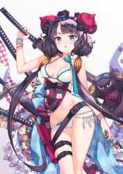 Rule 34 | 1girl, bare shoulders, beads, belt, bikini, blue eyes, blush, bracelet, breasts, calligraphy brush, collarbone, fate/grand order, fate (series), floral print, flower, goggles, goggles on head, hair flower, hair ornament, hamahama, highres, jewelry, katana, katsushika hokusai (fate), katsushika hokusai (swimsuit saber) (fate), looking at viewer, medium breasts, navel, obi, octopus, open mouth, paintbrush, purple hair, sash, short hair, short hair with long locks, sidelocks, simple background, swimsuit, sword, thigh strap, thighs, tokitarou (fate), weapon, white background, white bikini