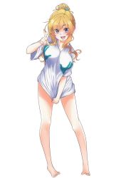 Rule 34 | alternate costume, asikaga yosimitu, baggy clothes, bare legs, barefoot, blonde hair, blue eyes, breasts, cleavage, clothes tug, collarbone, contrapposto, full body, hair bun, hair ornament, hair up, handprint, heart, heart hair ornament, highres, idolmaster, idolmaster cinderella girls, large breasts, leaning forward, long hair, looking at viewer, messy hair, naked shirt, no bra, ohtsuki yui, open mouth, print shirt, shirt, shirt tug, sidelocks, single hair bun, smile, swept bangs, t-shirt, tsurime, unaligned breasts, upturned eyes, v-neck, w, wavy mouth, white shirt