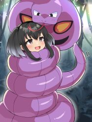 Rule 34 | 1girl, absurdres, arbok, black hair, blush, bound, brown eyes, commission, constriction, creatures (company), crossover, forest, forked tongue, game freak, gen 1 pokemon, gradient hair, grey hair, highres, kantai collection, multicolored hair, nature, nintendo, open mouth, outdoors, pokemon, pokemon (creature), short hair with long locks, skeb commission, tokitsukaze (kancolle), tongue, yorika720