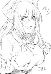 Rule 34 | 1girl, blush, bow, grabbing another&#039;s breast, breasts, character request, commentary request, copyright request, deep skin, grabbing, greyscale, hair between eyes, horns, large breasts, long hair, looking at viewer, monochrome, open mouth, shingeki no bahamut, shirt, shiseki hirame, short sleeves, simple background, sketch, solo focus, translation request, white background