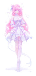Rule 34 | 1girl, alternate costume, armpit crease, bare shoulders, bubble, butterfly hair ornament, collar, commentary, detached sleeves, diamond-shaped pupils, diamond (shape), dress, ears visible through hair, elysia (honkai impact), english commentary, eun (eunice), floral print, full body, gloves, hair intakes, hair ornament, highres, honkai (series), honkai impact 3rd, interlocked fingers, layered dress, looking at viewer, own hands together, pink hair, pointy ears, purple eyes, rainbow hair ornament, see-through, see-through dress, sidelocks, simple background, single thighhigh, smile, solo, standing, symbol-shaped pupils, thigh scrunchie, thighhighs, tiptoes, twitter username, white background, white collar, white dress, white gloves, white sleeves, white thighhighs, wrist straps