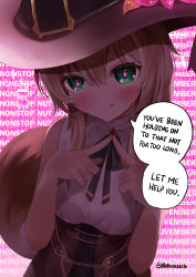 Rule 34 | 1girl, :q, absurdres, acorn, ayunda risu, ayunda risu (3rd costume), blush, breasts, brown hair, closed mouth, english text, green eyes, hands up, hat, highres, hololive, hololive indonesia, index fingers together, large breasts, long hair, looking at viewer, neck ribbon, nonstop nut november, pink background, raised eyebrows, ribbon, rokusketch, shirt, sleeveless, sleeveless shirt, solo, speech bubble, squirrel girl, squirrel tail, symbol-shaped pupils, tail, text background, tongue, tongue out, virtual youtuber, witch hat