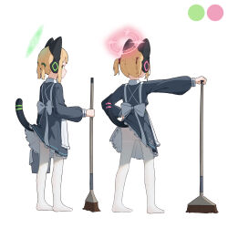 Rule 34 | 2girls, absurdres, animal ear headphones, animal ears, black dress, blonde hair, blue archive, cat tail, dress, dsfr, fake animal ears, full body, green eyes, green halo, halo, headphones, highres, holding, holding mop, long sleeves, midori (blue archive), midori (maid) (blue archive), momoi (blue archive), momoi (maid) (blue archive), mop, multiple girls, official alternate costume, pantyhose, pink halo, short hair, siblings, simple background, sisters, tail, tail under clothes, twins, white background, white pantyhose