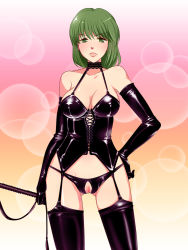 Rule 34 | 1girl, bare shoulders, blush, breasts, censored, cleavage, crotchless, crotchless panties, dominatrix, elbow gloves, female focus, garter straps, gloves, green eyes, green hair, hand on own hip, high school! kimengumi, highres, latex, lingerie, looking at viewer, matching hair/eyes, nemunoya, oda mari, panties, pussy, short hair, solo, standing, thighhighs, underwear, whip