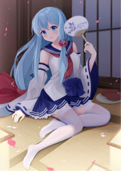 Rule 34 | 1girl, blue eyes, blue hair, blue sailor collar, blue skirt, bow, commentary request, detached sleeves, fengli (709622571), food, fruit, hair between eyes, hair bow, hand fan, highres, holding, holding fan, long hair, long sleeves, no shoes, paper fan, petals, plate, pleated skirt, red bow, ribbon-trimmed sleeves, ribbon trim, sailor collar, shirayuki (warship girls r), shirt, sitting, skirt, sleeves past wrists, solo, thighhighs, uchiwa, very long hair, warship girls r, watermelon, watermelon slice, white shirt, white sleeves, white thighhighs, wide sleeves, yokozuwari