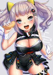 Rule 34 | animal ears, blue eyes, blunt bangs, blush, breasts, cat ears, cleavage, cleavage cutout, clothing cutout, dress, eating, fake animal ears, grey hair, heart, heart-shaped pupils, high collar, highres, kaguya luna, large breasts, long hair, shrimp, smile, solo, symbol-shaped pupils, thighhighs, twintails, virtual youtuber, wavy hair