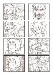 Rule 34 | 2girls, 4koma, anger vein, bad id, bad pixiv id, bleeding, blood, blood on face, breasts, cleavage, closed eyes, comic, cuts, drooling, female focus, greyscale, hair bobbles, hair ornament, hat, highres, injury, large breasts, monochrome, multiple 4koma, multiple girls, onozuka komachi, open mouth, rod of remorse, scolding, scythe, shiki eiki, short hair, sweatdrop, touhou, waking up, yuuji (and), zzz