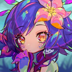 Rule 34 | 1girl, blue hair, blue skin, blurry, blurry background, brown eyes, closed mouth, colored skin, dokumi, flower, green skin, hair flower, hair ornament, hand up, league of legends, looking at viewer, medium hair, neeko (league of legends), pink flower, pink skin, portrait, purple hair, solo