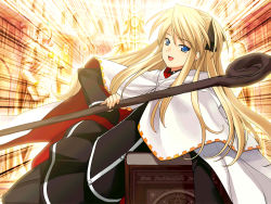 Rule 34 | 1girl, blonde hair, blue eyes, book, cape, female focus, holding, long hair, long sleeves, looking at viewer, open mouth, quiz magic academy, ribbon, school uniform, shalon, smile, solo, staff, two side up