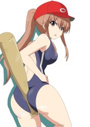Rule 34 | 1girl, aoba kazane, ass, baseball bat, between buttocks, blue one-piece swimsuit, brown eyes, brown hair, competition swimsuit, gobanme no mayoi neko, hand on own hip, hat, highres, holding, keijo!!!!!!!!, long hair, looking at viewer, one-piece swimsuit, parted lips, ponytail, red hat, simple background, solo, standing, swimsuit, visor cap, white background