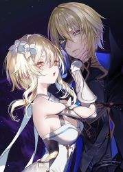 Rule 34 | 1boy, 1girl, absurdres, aqua eyes, black gloves, black mask, blonde hair, breasts, cape, dainsleif (genshin impact), detached sleeves, dress, flower, genshin impact, gloves, hair between eyes, hand on another&#039;s chin, high collar, highres, looking at viewer, lumine (genshin impact), mask, mask over one eye, medium breasts, parted lips, partially fingerless gloves, pottsness, short hair with long locks, sweat, upper body, white dress, white flower, yellow eyes