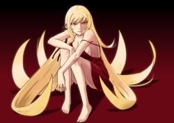 Rule 34 | 1girl, absurdres, blonde hair, breasts, cleavage, dress, eyeliner, female focus, full body, highres, kiss-shot acerola-orion heart-under-blade, large breasts, legs together, lipstick, long hair, makeup, oshino shinobu, pointy ears, red dress, ricman, sitting, smile, solo, strap slip, thick thighs, thighs, vampire, very long hair, yellow eyes