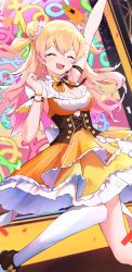 Rule 34 | 1girl, ace kin, arm up, bad id, bad pixiv id, blonde hair, blush, bow, bowtie, brown footwear, cleavage cutout, clenched hand, closed eyes, clothing cutout, confetti, corset, detached sleeves, double bun, fang, flower, frilled shirt, frilled skirt, frills, gradient hair, hair bun, hair flower, hair ornament, headset, highres, hololive, layered skirt, long hair, miniskirt, momosuzu nene, multicolored hair, nail polish, nekko (momosuzu nene), orange bow, orange nails, orange shirt, orange skirt, pink hair, shirt, short sleeves, single thighhigh, skin fang, skirt, skirt set, sleeveless, sleeveless shirt, smile, solo, stage, thighhighs, two side up, virtual youtuber, white thighhighs, wristband