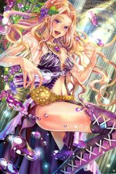 Rule 34 | 1girl, :d, armpits, babydoll, bad id, bad pixiv id, bare shoulders, belt, blonde hair, boots, breasts, brooch, cleavage, food, fruit, gem, grapes, gunshin shoukan ark knights, jewelry, leaning, light rays, long hair, looking at viewer, midriff, navel, necklace, open clothes, open mouth, original, pillar, purple eyes, see-through, smile, solo, stitches, stomach, sunlight, sweetwitch, thigh boots, thighhighs, water drop