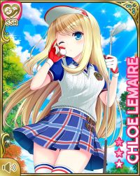 Rule 34 | 1girl, alternate costume, blonde hair, blue eyes, blue shirt, blue skirt, card, character name, chloe lemaire, closed mouth, day, girlfriend (kari), golf club, long hair, official art, one eye closed, outdoors, qp:flapper, s:o, shirt, skirt, solo, sunvisor, sweater, sweatervest, tagme, white headwear, white sweater