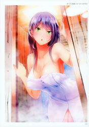 Rule 34 | 1girl, :o, absurdres, armpits, bare arms, bare shoulders, bath, blue hair, blush, breasts, cleavage, collarbone, covered erect nipples, eyebrows, glass door, green eyes, hair between eyes, highres, indoors, leaning forward, long hair, looking at viewer, mikuni mizuki, naked towel, night, onsen, open mouth, pectorals, snow, snowing, solo, standing, steam, sweatdrop, thighs, toranoana, towel, wet, wet hair, wet towel, wooden wall