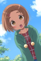 Rule 34 | 1girl, :o, absurdres, blue sky, blush, brown eyes, brown hair, cardigan, cloud, collarbone, from below, green cardigan, hair ornament, hairclip, highres, hood, hood down, hooded cardigan, idolmaster, idolmaster cinderella girls, looking at viewer, open cardigan, open clothes, open mouth, red shirt, ryuzaki kaoru, shirt, short hair, sky, solo, yama tatsuo