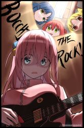 Rule 34 | 4girls, absurdres, blonde hair, blue eyes, blue hair, bocchi the rock!, breasts, closed mouth, commentary request, cube hair ornament, electric guitar, english text, facing viewer, from below, gotoh hitori, green eyes, guitar, hair between eyes, hair ornament, highres, holding, ijichi nijika, indoors, instrument, jacket, kita ikuyo, large breasts, long hair, long sleeves, looking at viewer, looking away, multiple girls, one side up, open mouth, parted bangs, pink hair, pink jacket, red eyes, red hair, short hair, sweatdrop, tennseiappare, track jacket, twitter username, yamada ryo