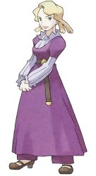 Rule 34 | 1girl, blonde hair, brown footwear, closed mouth, creatures (company), dress, elite four, full body, game freak, glacia (pokemon), light smile, long hair, long sleeves, nintendo, official art, own hands together, pokemon, pokemon rse, purple dress, solo, standing, sugimori ken, transparent background