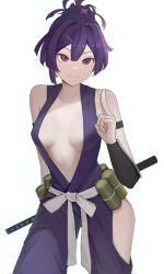 Rule 34 | 1girl, absurdres, armband, bare shoulders, black armband, breasts, center opening, closed mouth, commentary, cowboy shot, female focus, gmi (jimmyovob), hand up, highres, hip vent, japanese clothes, jigokuraku, kimono, kuji-in, looking at viewer, purple hair, purple kimono, red eyes, sash, short hair, short sword, simple background, small breasts, smile, solo, sword, topknot, weapon, white background, white sash, wrist guards, yuzuriha (jigokuraku)
