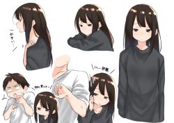 Rule 34 | 1boy, 1girl, ^^^, black shirt, blush, brother and sister, brown eyes, brown hair, closed mouth, collarbone, hand up, long hair, long sleeves, looking at viewer, original, parted lips, profile, shirt, siblings, simple background, sleeves pushed up, surprised, sweat, translation request, very long hair, white background, white shirt, yuki arare