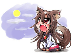 Rule 34 | 1girl, animal ears, brooch, brown hair, cloud, fang, full moon, howling, imaizumi kagerou, jewelry, long hair, long sleeves, moon, open mouth, red eyes, shinapuu, shirt, sitting, skirt, sky, smile, solo, tail, touhou, very long hair, wariza, wide sleeves, wolf ears, wolf tail