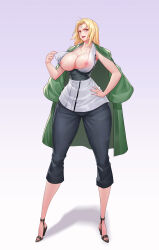 Rule 34 | 1girl, absurdres, blonde hair, breasts, breasts out, clothes pull, commentary request, dark night (darkotl), forehead jewel, hand on own hip, highres, inverted nipples, large breasts, long hair, naruto, naruto (series), nipple slip, nipples, open clothes, open mouth, open shirt, pants, pulled by self, shirt pull, solo, tsunade (naruto), yellow eyes