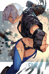 Rule 34 | 1girl, angel (kof), backless pants, blue eyes, boots, bra, breasts, chaps, cleavage, cowboy boots, crop top, cropped jacket, fingerless gloves, gloves, hair over one eye, hungry clicker, jacket, large breasts, leather, leather jacket, looking at viewer, midriff, navel, panties, pants, short hair, snk, solo, strapless, strapless bra, the king of fighters, the king of fighters xiv, toned, underwear, white hair