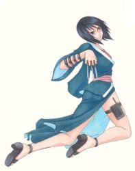 Rule 34 | 1girl, black hair, blue eyes, clenched teeth, female focus, full body, japanese clothes, kneeling, naruto, naruto (series), onemu hormone, sandals, shizune (naruto), short hair, simple background, solo, teeth, traditional media, weapon, white background