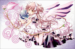 Rule 34 | 1girl, arrow (projectile), blush, bow (weapon), breasts, chauke, cleavage cutout, clothing cutout, collar, commentary request, dress, flower, globe, gloves, hair between eyes, hair ribbon, holding, holding weapon, kaname madoka, long hair, looking at viewer, magic circle, magical girl, mahou shoujo madoka magica, mahou shoujo madoka magica (anime), open mouth, pink hair, ribbon, rose, short twintails, small breasts, solo, twintails, two side up, ultimate madoka, weapon, white dress, white gloves, white legwear, wings, yellow eyes