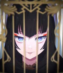 Rule 34 | 1girl, birdcage, black hair, blue eyes, blurry, blurry foreground, cage, camui1104, closed mouth, commentary request, eyeliner, eyeshadow, highres, long hair, looking at viewer, makeup, medium bangs, red eyeliner, red eyeshadow, rindou aya (undead girl murder farce), severed head, smile, undead girl murder farce