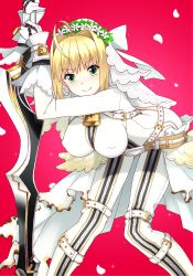 Rule 34 | 10s, 1girl, aa-rance, ahoge, belt, blonde hair, blush, bodysuit, breasts, covered erect nipples, fate/extra, fate/extra ccc, fate (series), flower, full-length zipper, gloves, green eyes, hair flower, hair intakes, hair ornament, holding, holding sword, holding weapon, large breasts, leaning forward, lock, looking at viewer, nero claudius (bride) (fate), nero claudius (fate), nero claudius (fate) (all), padlock, red background, simple background, smile, solo, sword, veil, weapon, white gloves, zipper