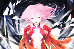 Rule 34 | 1girl, bare shoulders, bodysuit, breasts, center opening, chaoshi, cleavage, closed mouth, detached sleeves, elbow gloves, closed eyes, fingerless gloves, gloves, guilty crown, hair ornament, hairclip, highres, long hair, medium breasts, navel, pink hair, revealing clothes, solo, twintails, upper body, yuzuriha inori
