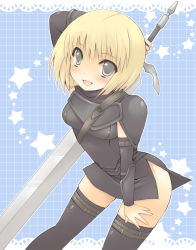 Rule 34 | 00s, 1girl, armor, blonde hair, blush, clare (claymore), claymore (series), claymore (sword), grey eyes, huge weapon, open mouth, pocopoco, short hair, side slit, solo, sword, thigh strap, thighhighs, weapon, zettai ryouiki