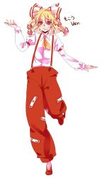 Rule 34 | alternate costume, alternate hairstyle, ascot, bad id, bad pixiv id, blonde hair, bow, cosplay, fujiwara no mokou, fujiwara no mokou (cosplay), full body, grin, hair bow, kirisame marisa, long sleeves, ofuda, pants, shirt, shoes, simple background, smile, solo, souta (karasu no ouchi), standing, standing on one leg, suspenders, touhou, white background, white shirt, yellow eyes