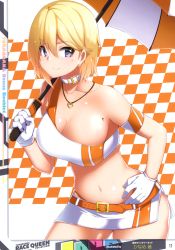 Rule 34 | 1girl, absurdres, artist name, belt, blonde hair, breasts, cleavage, closed mouth, collar, collarbone, earrings, gloves, hand on own hip, highres, jewelry, kaname nagi, large breasts, lips, looking at viewer, medium breasts, midriff, miniskirt, mole, mole under eye, necklace, orange belt, page number, purple eyes, scan, shiny skin, short hair, simple background, skirt, smile, solo, thighs, toranoana, white gloves