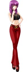 Rule 34 | 1girl, belt, bou (inubou), breasts, brown belt, cleavage, closed mouth, crop top, crossed legs, full body, hair between eyes, hand on own hip, kouzuki yuuko, large breasts, long hair, looking at viewer, midriff, muv-luv, navel, official art, pants, purple eyes, purple hair, red footwear, red pants, smile, solo, standing, stomach, straight hair, tachi-e, transparent background